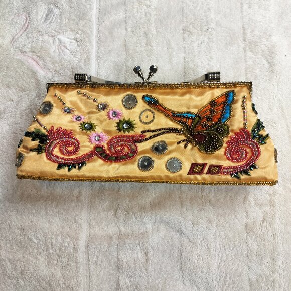 Beaded Butterfly Evening Clutch | Gold Satin Sequin Formal Bag | Whimsigoth - Picture 8 of 9